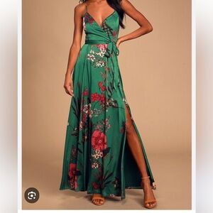 Lulus Emerald Green Satin Floral Print Maxi Dress